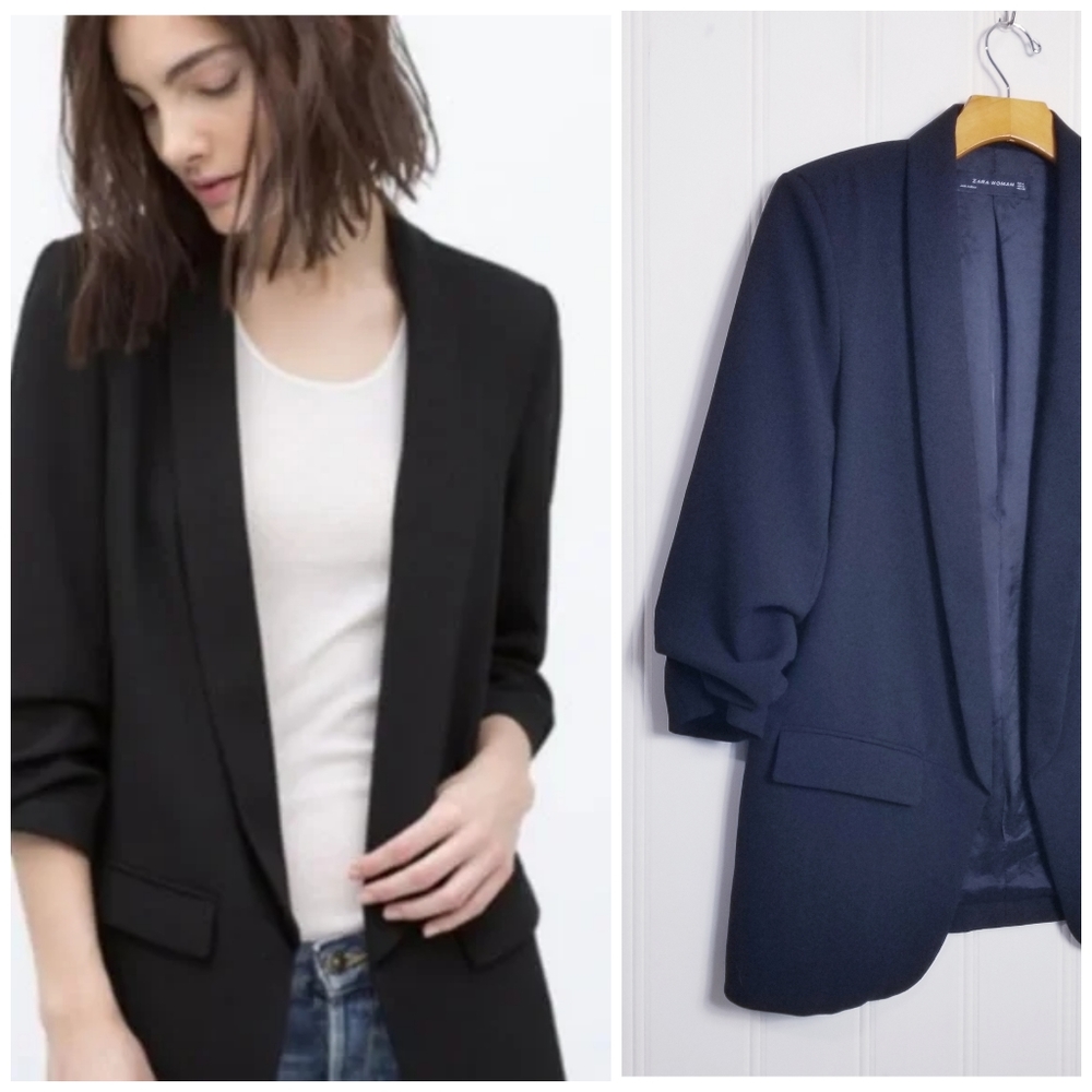 Blazer by Zara Womens Ruched Sleeve Black Open Front